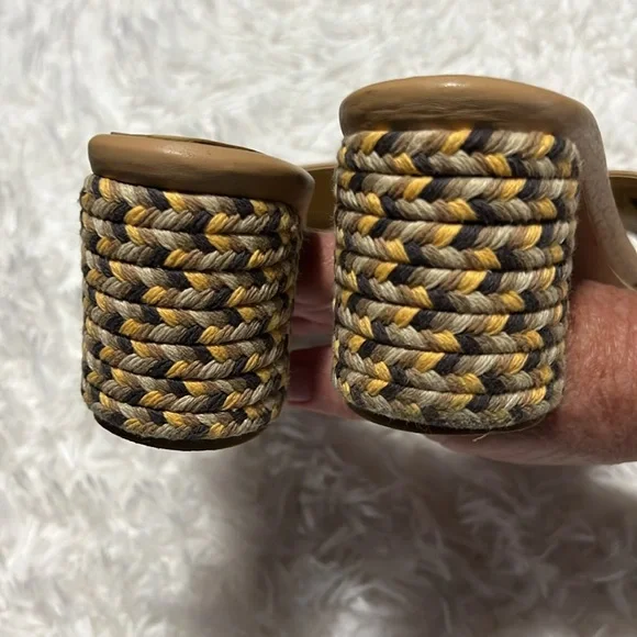 Kaanas Tobago Tan Leather Multicolor Braid Wrapped Block Heel Slides Sandals 8 - Picture 4 of 9